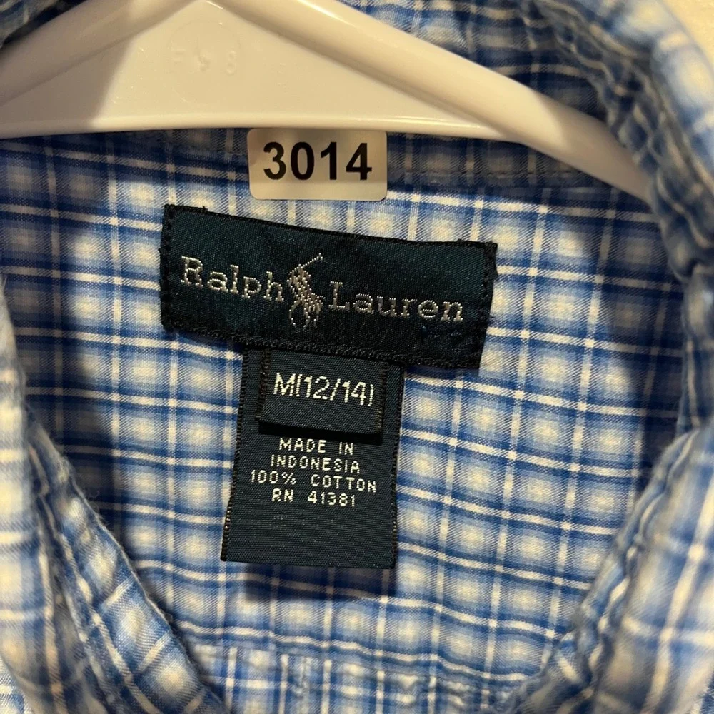 Ralph Lauren Boys Blue White Plaid Short Sleeve Button Down Shirt Size M 12-14
